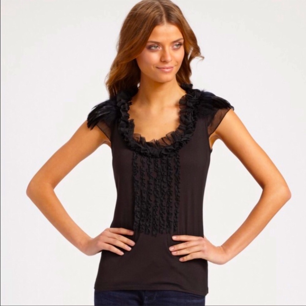 Elie Tahari black shirt with feather trim ⭐️